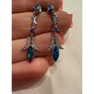 Sterling Silver Opal Dangle Earrings Purple Tanzanite‎ CZ Accents